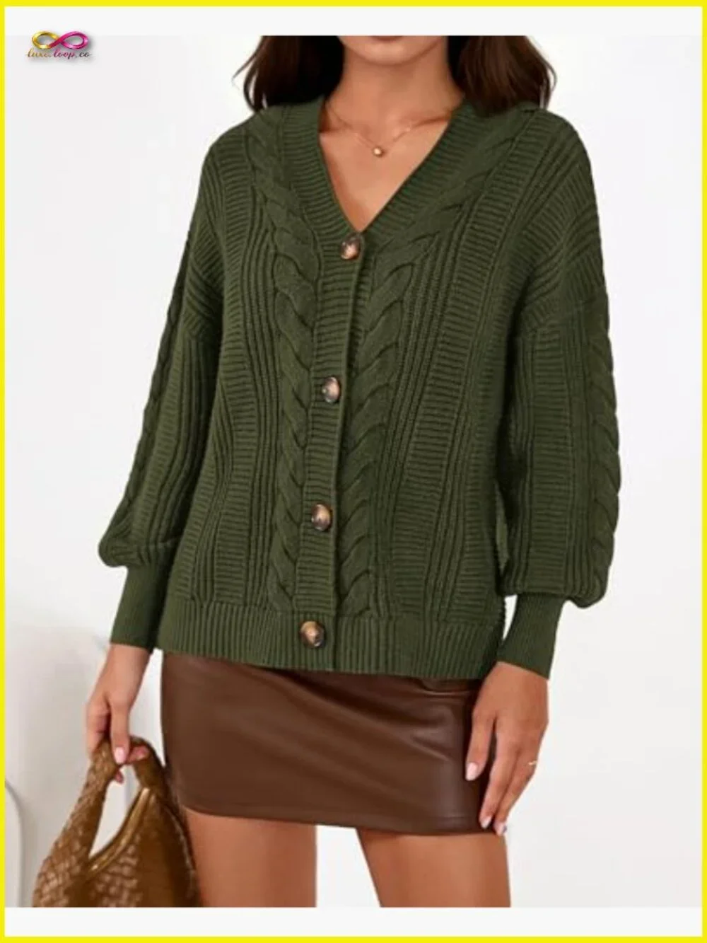V Neck Long Sleeve Chunky Cable Knit Button Cardigan Sweater Oversized - Picture 6 of 7